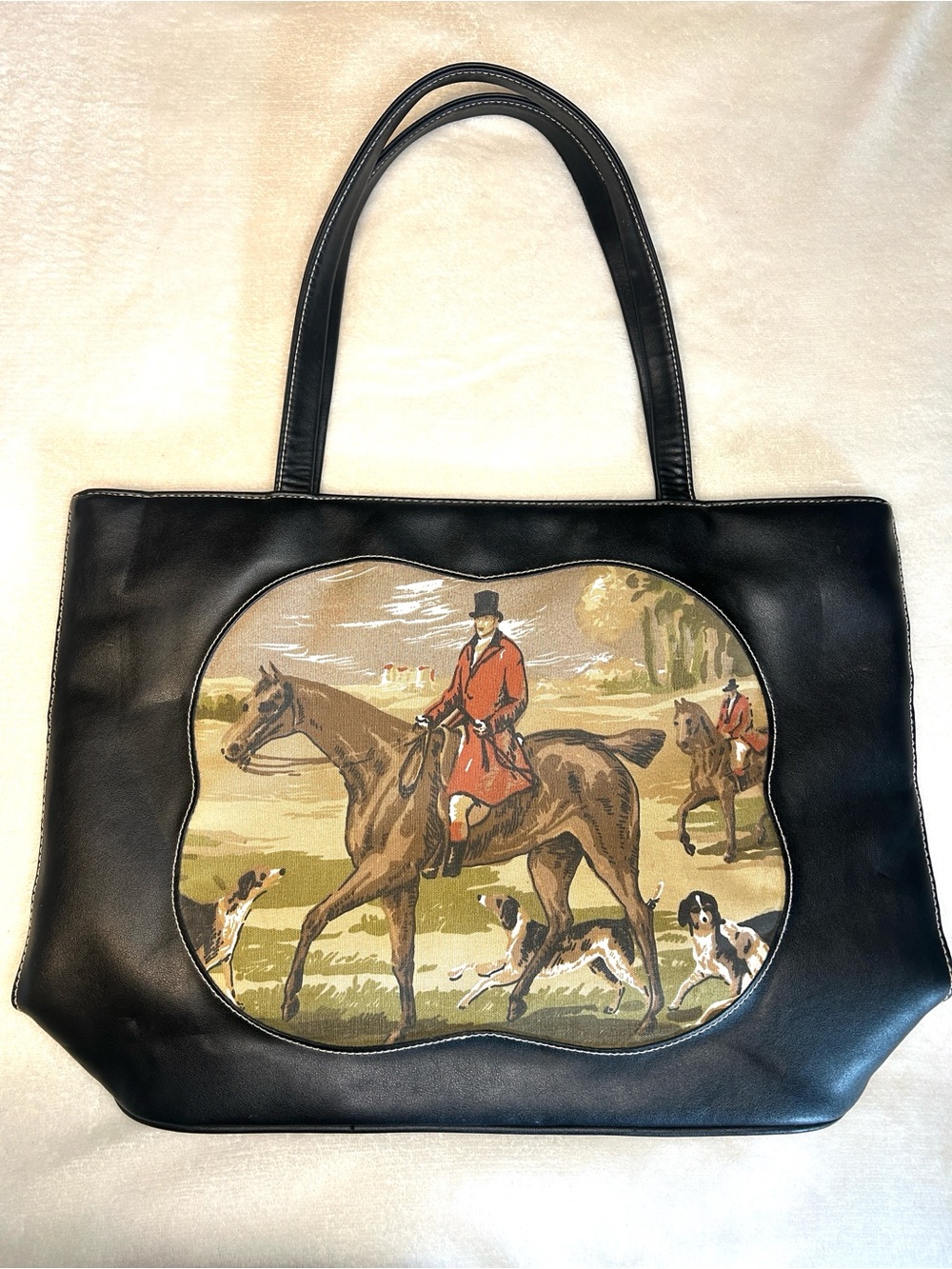 Vintage Equestrian Huntsman Fox Hunt Black Faux Leather Canvas Art Tote Purse